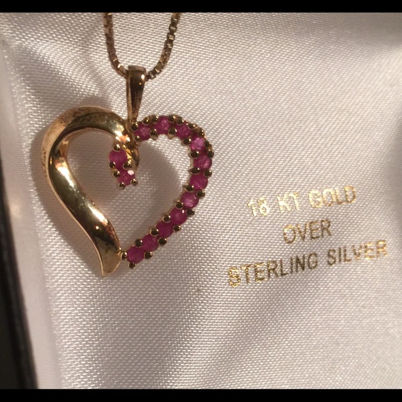 Ruby Heart Gold Plated Necklace 17” Box Chain - Picture 2 of 8